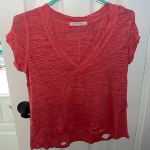 Salmon Distressed V Neck Top